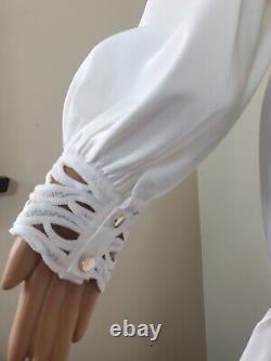 Elle Zeitoune dress white ruffle Sz 10 lace gold satin high neck bubble hem $499