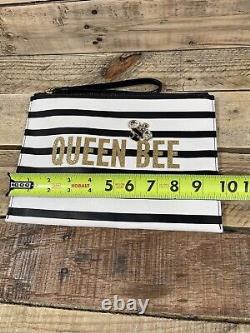 Kate Spade Queen Bee Gem Bag 10x7 White Black Striped Gold Letters Makeup Pouch