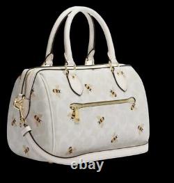 NWT Coach Rowan Satchel In Signature Canvas & Leather With Bee Print Chalk White