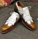 New Handmade White & Golden Leather Oxford Brogue Wingtip Fringes Shoes For Men