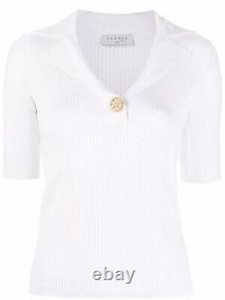 Sandro Women's Ribbed Short Sleeve Light Sweater Top White Gold Button Size 2