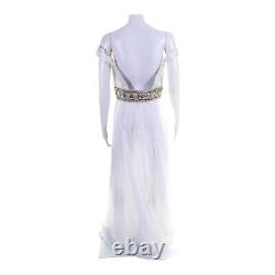 Sherri Hill White Gold Crystal Beaded Off the Shoulder Open Back Maxi Gown US 8