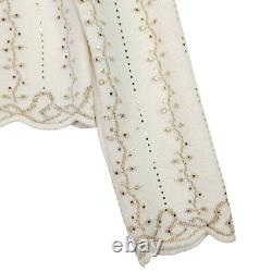 St. John Evening Womens Mock Neck Top Size S Ivory Gold Sequins Scallop Hem Knit