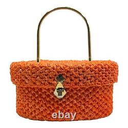 Vintage 50s 60s LEWIS IMPORTS Woven Rush Handbag Basket Box Bag Purse ORANGE NOS