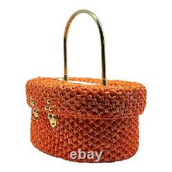 Vintage 50s 60s LEWIS IMPORTS Woven Rush Handbag Basket Box Bag Purse ORANGE NOS