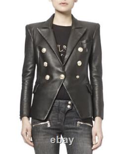Women's 100% Real Lambskin Soft Blazer Genuine Leather Black Coat Golden Buttons