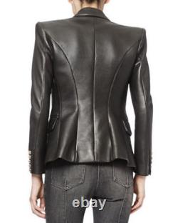 Women's 100% Real Lambskin Soft Blazer Genuine Leather Black Coat Golden Buttons